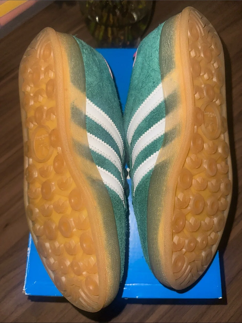 adidas Gazelle Green Suede Sneakers with Pink Heel Accent